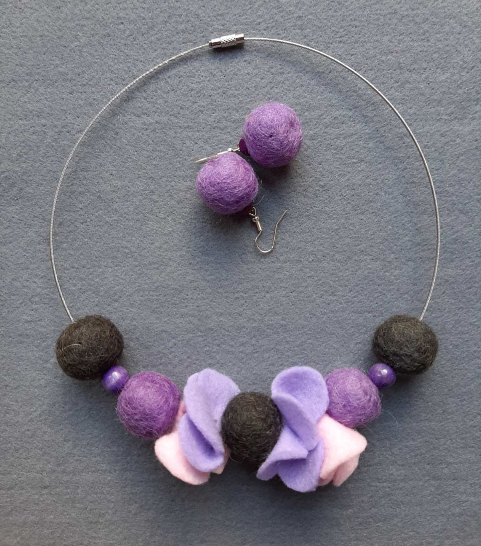 My Violets - Light And Soft Wool Felt Ball Necklace And Earrings Set Jewellery Gift