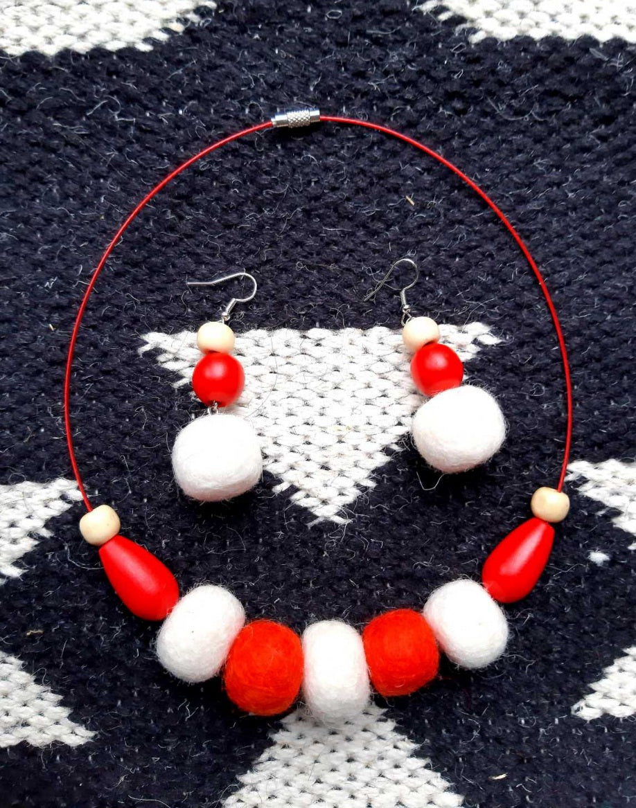 Cosy March - Bright and Vivid Chunky Wool Felt Ball Necklace And Earrings Set Jewellery Gift