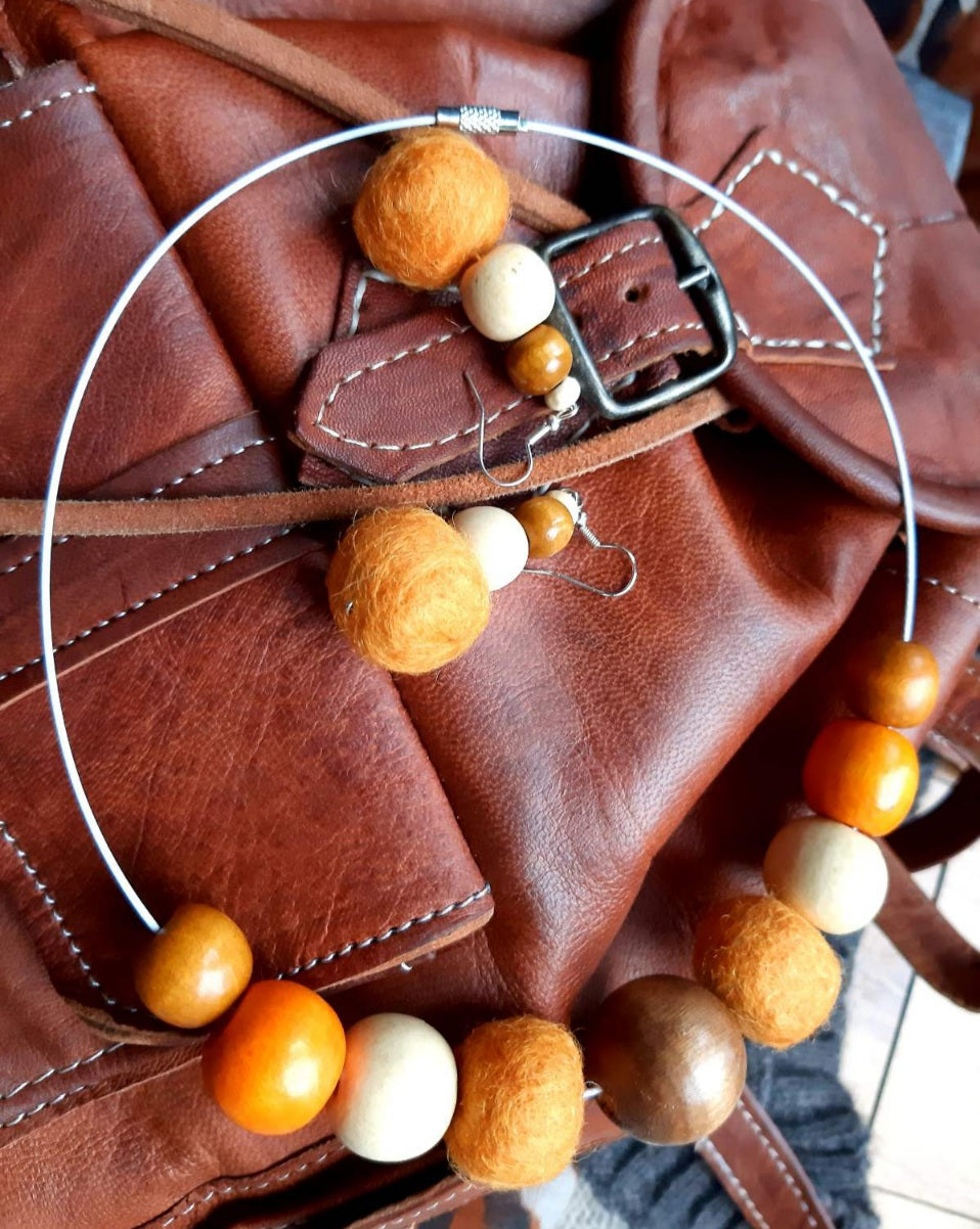 Simply a Pumpkin - Bright and Warm Classy Chunky Wool Felt Ball Necklace And Earrings Set Jewellery Gift