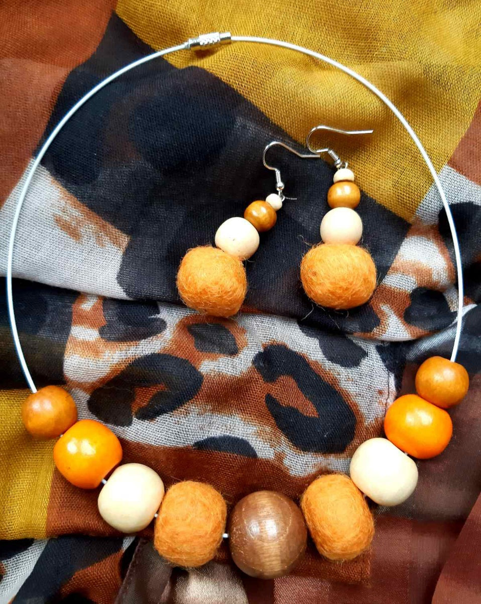 Simply a Pumpkin - Bright and Warm Classy Chunky Wool Felt Ball Necklace And Earrings Set Jewellery Gift