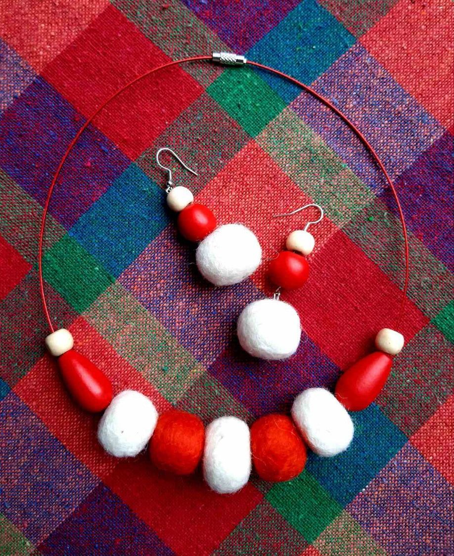 Cosy March - Bright and Vivid Chunky Wool Felt Ball Necklace And Earrings Set Jewellery Gift