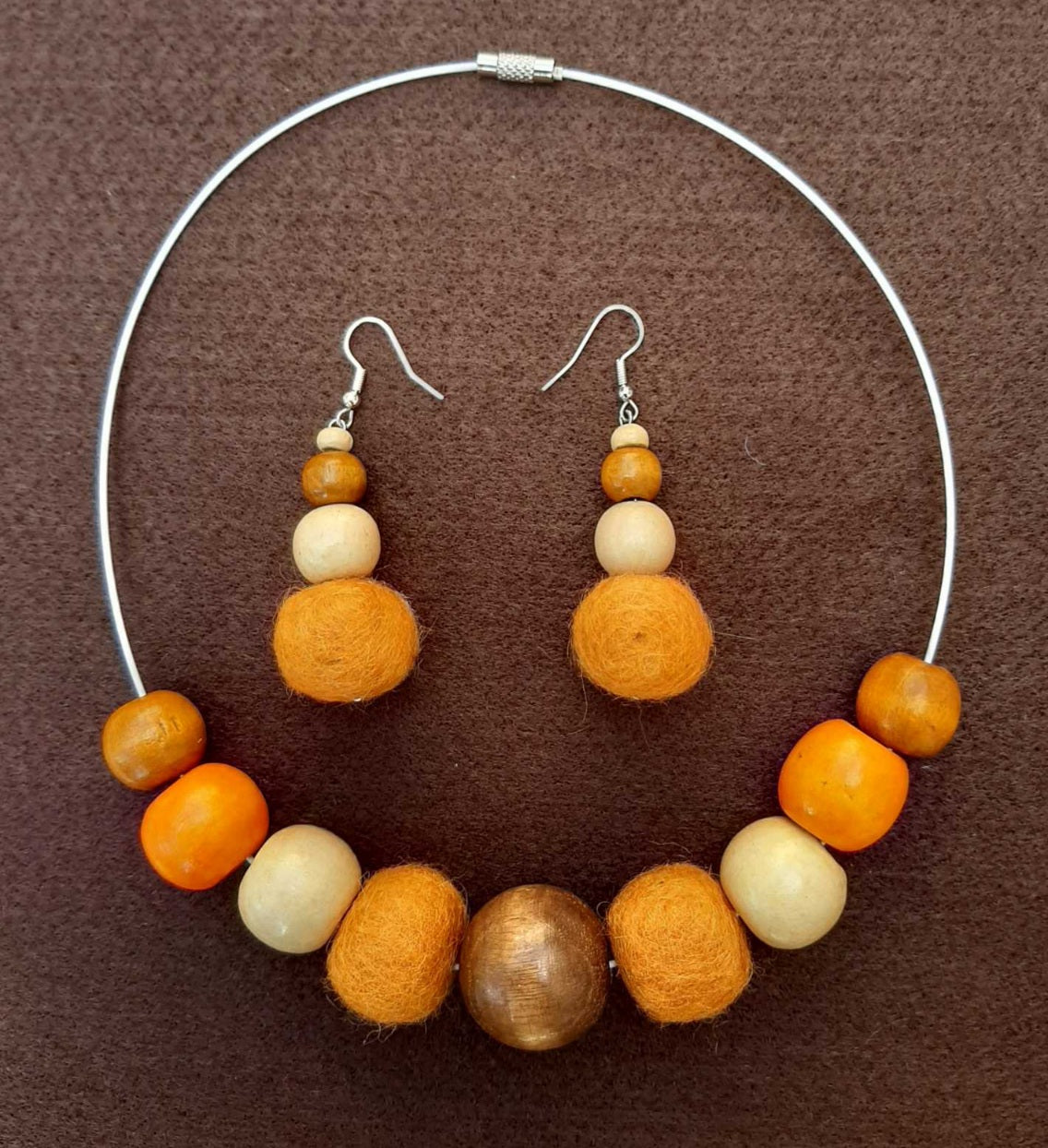 Simply a Pumpkin - Bright and Warm Classy Chunky Wool Felt Ball Necklace And Earrings Set Jewellery Gift