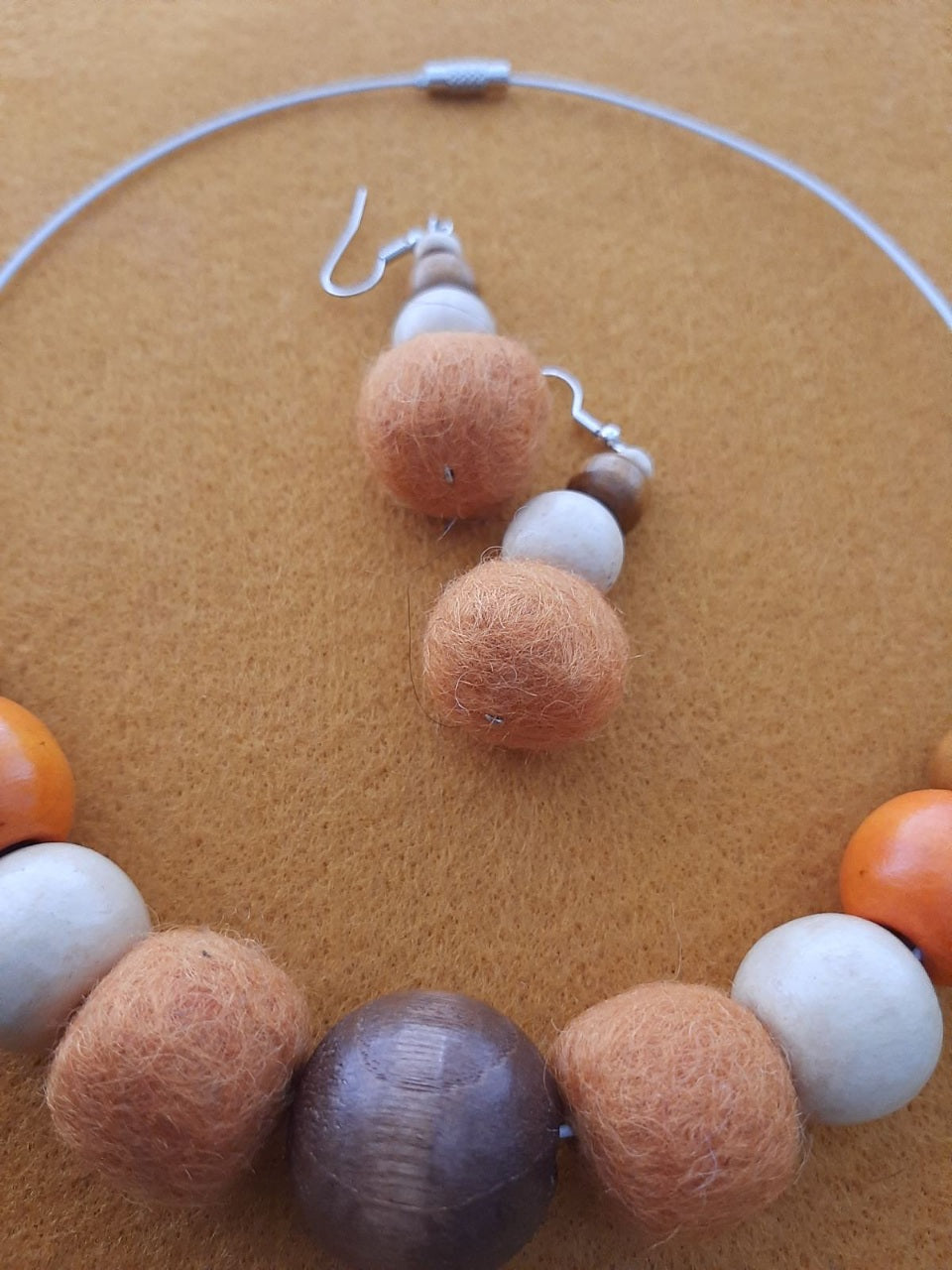 Simply a Pumpkin - Bright and Warm Classy Chunky Wool Felt Ball Necklace And Earrings Set Jewellery Gift
