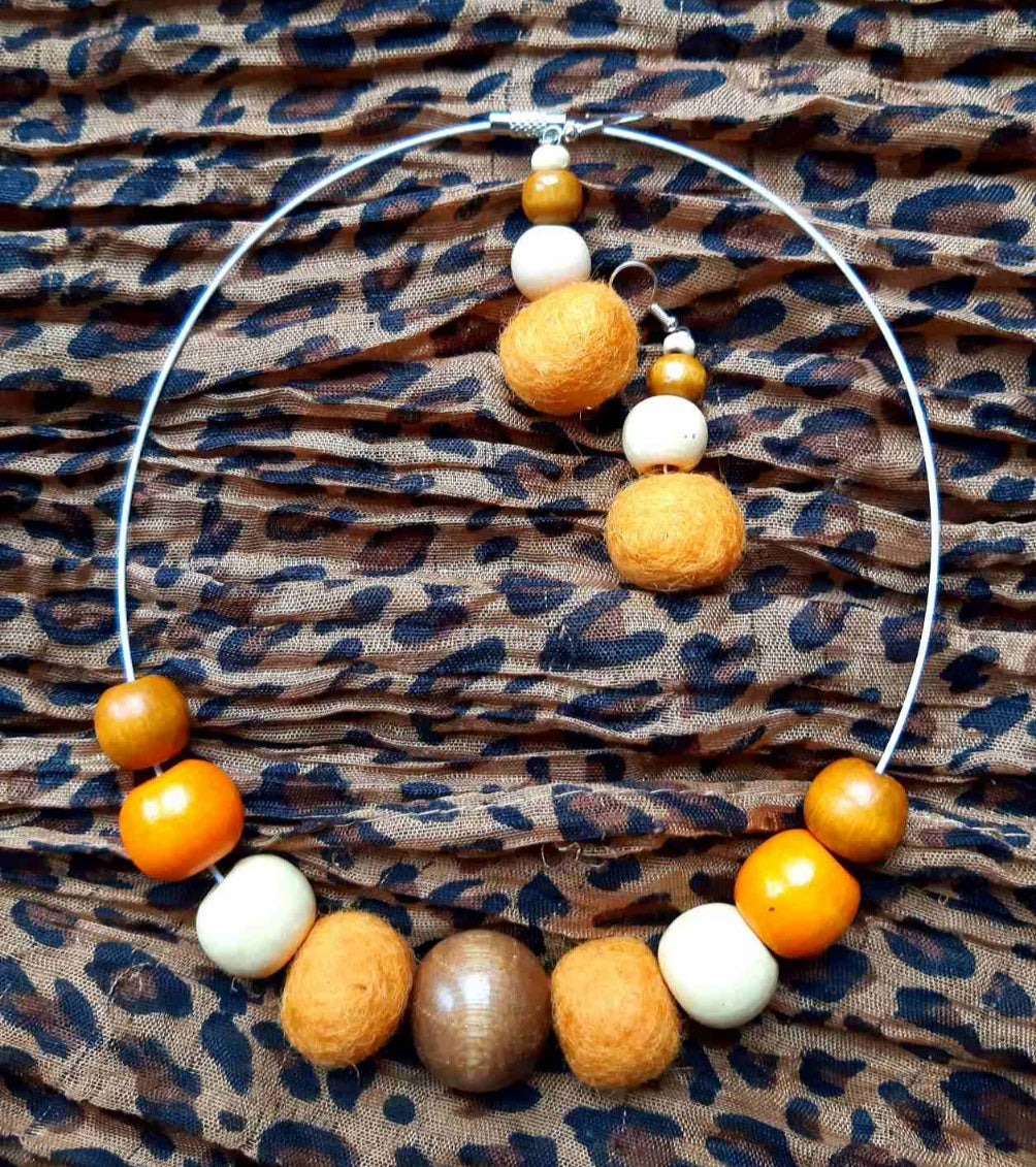 Simply a Pumpkin - Bright and Warm Classy Chunky Wool Felt Ball Necklace And Earrings Set Jewellery Gift