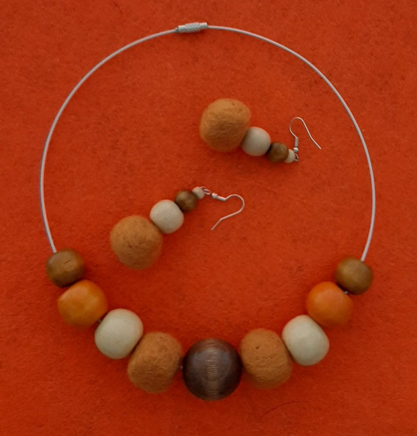 Simply a Pumpkin - Bright and Warm Classy Chunky Wool Felt Ball Necklace And Earrings Set Jewellery Gift