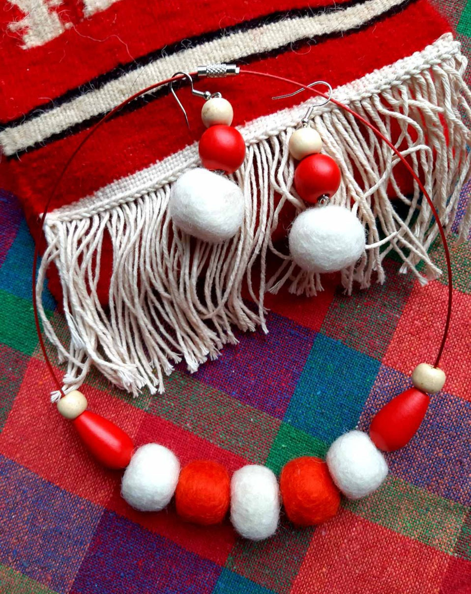 Cosy March - Bright and Vivid Chunky Wool Felt Ball Necklace And Earrings Set Jewellery Gift