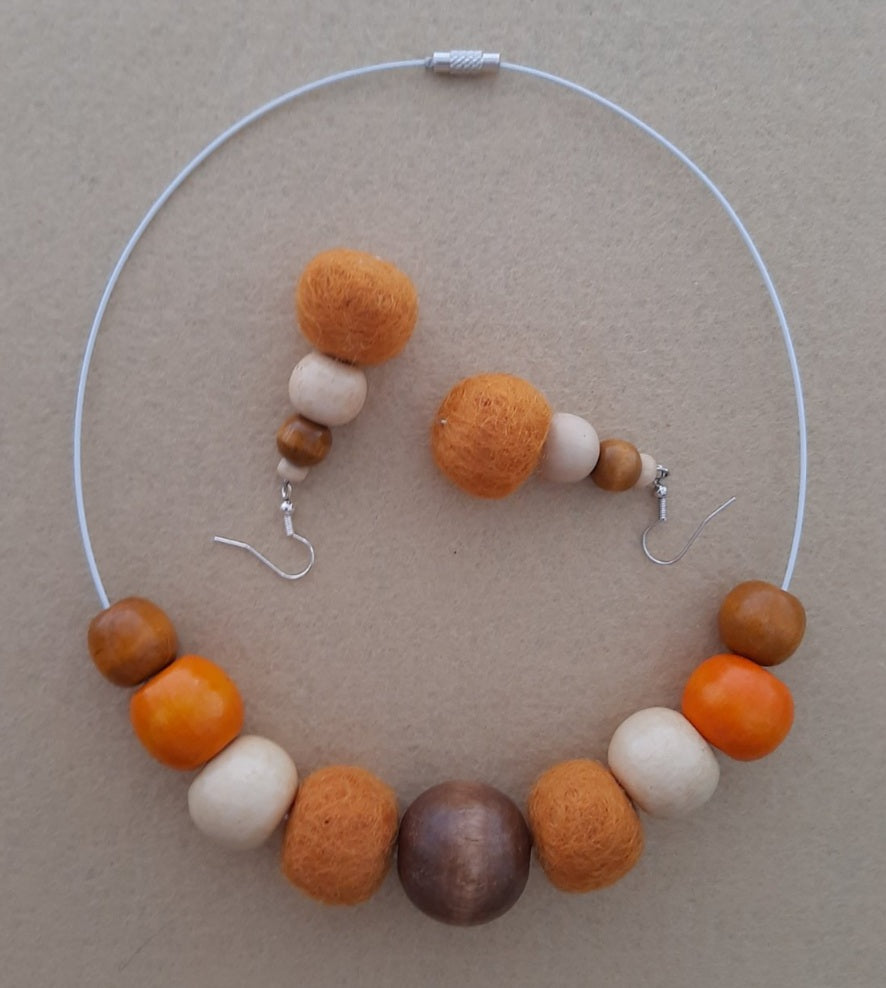 Simply a Pumpkin - Bright and Warm Classy Chunky Wool Felt Ball Necklace And Earrings Set Jewellery Gift