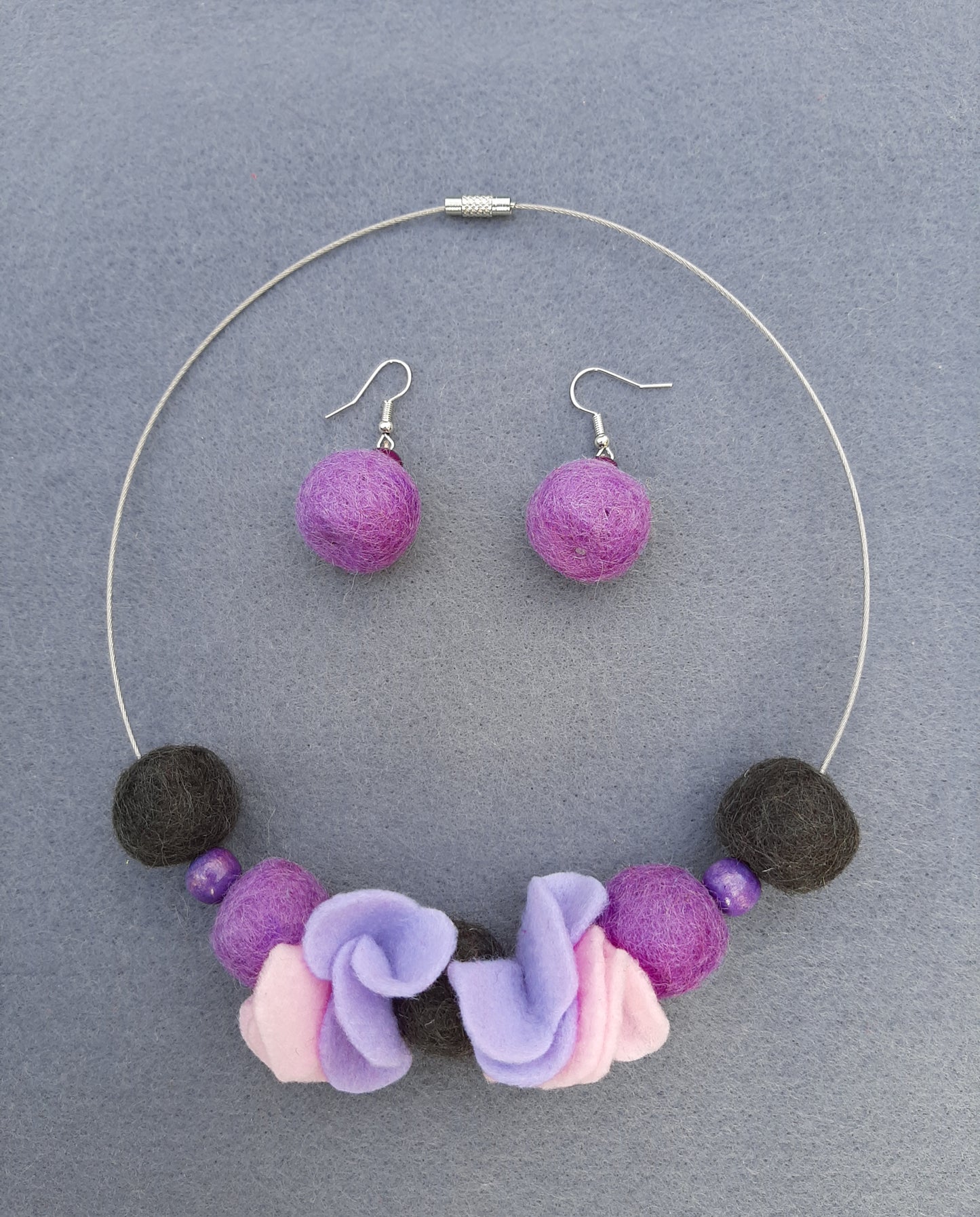 My Violets - Light And Soft Wool Felt Ball Necklace And Earrings Set Jewellery Gift