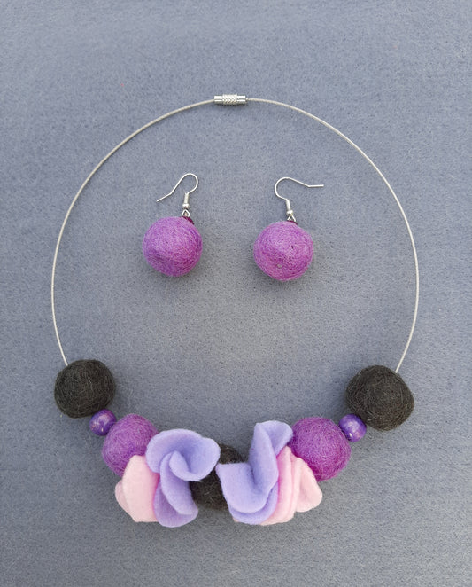 My Violets - Light And Soft Wool Felt Ball Necklace And Earrings Set Jewellery Gift