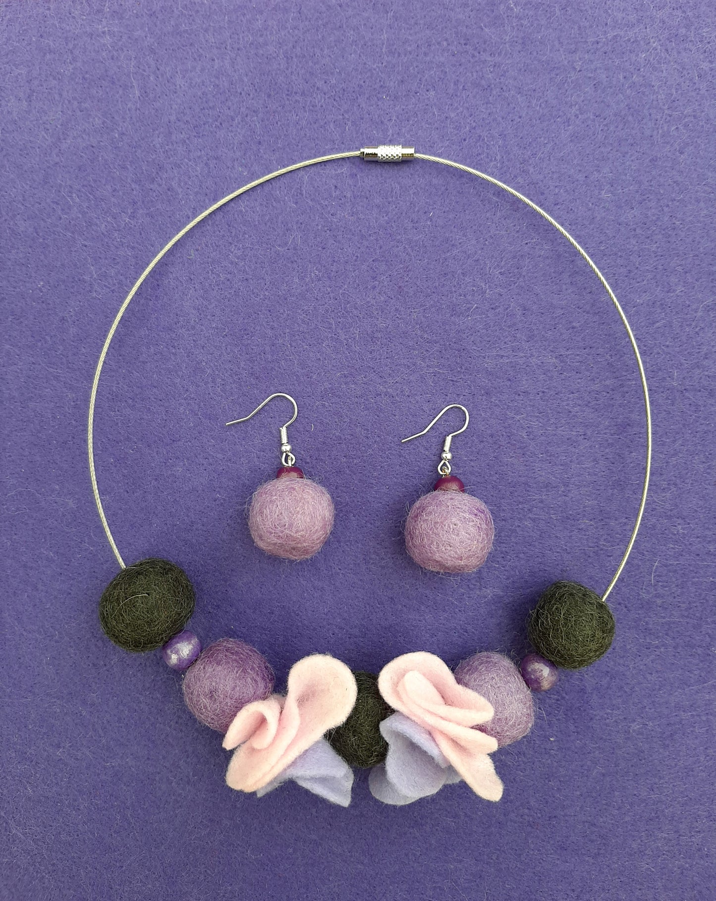 My Violets - Light And Soft Wool Felt Ball Necklace And Earrings Set Jewellery Gift
