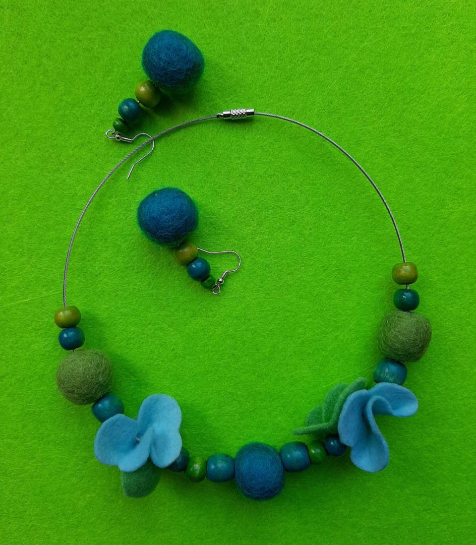 Irises in My Kitchen - Bright and Blue Wool Felt Ball Necklace And Earrings Set Jewellery Gift