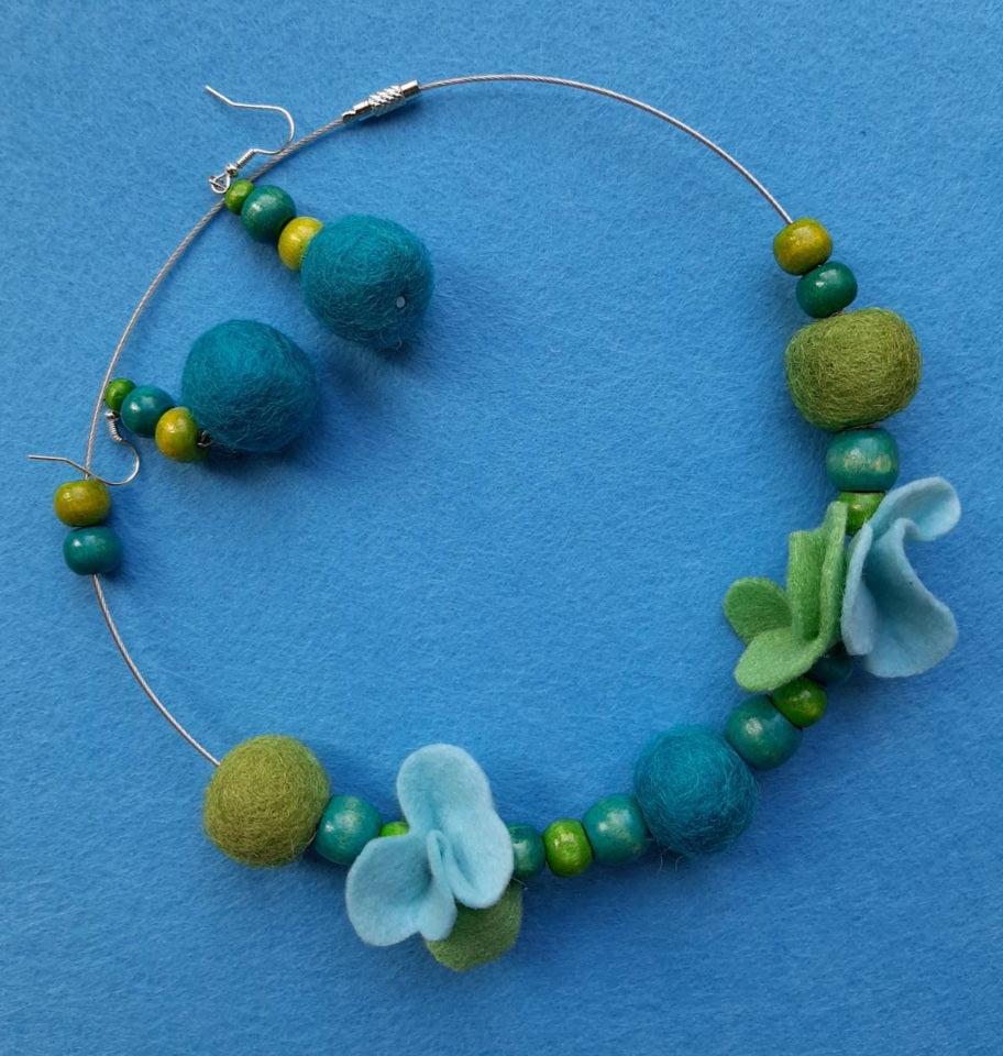 Irises in My Kitchen - Bright and Blue Wool Felt Ball Necklace And Earrings Set Jewellery Gift