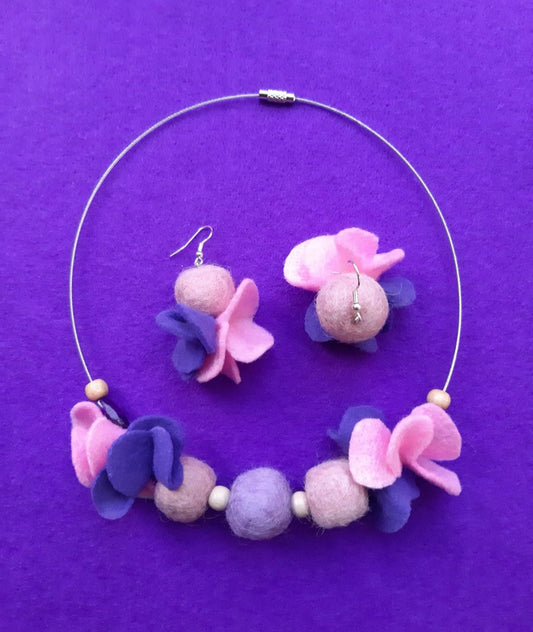 These Pink Pansies - Bright and Light Lovely Chunky Wool Felt Ball Necklace And Earrings Set Jewellery Gift