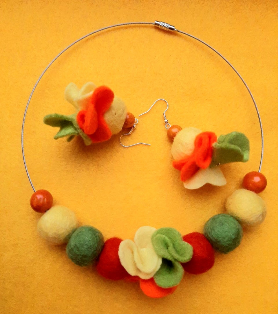 Vitamin Boost - Bright and Vivid Wool Felt Ball Necklace And Earrings Set Jewellery Gift