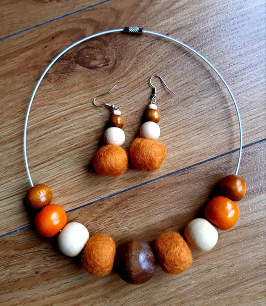 Simply a Pumpkin - Bright and Warm Classy Chunky Wool Felt Ball Necklace And Earrings Set Jewellery Gift