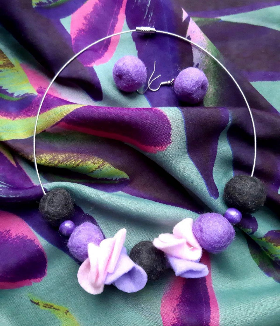 My Violets - Light And Soft Wool Felt Ball Necklace And Earrings Set Jewellery Gift