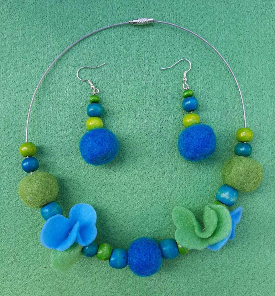 Irises in My Kitchen - Bright and Blue Wool Felt Ball Necklace And Earrings Set Jewellery Gift