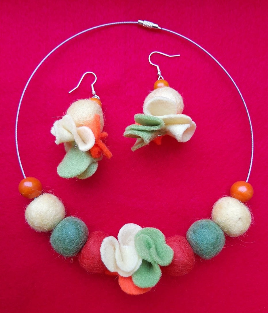 Vitamin Boost - Bright and Vivid Wool Felt Ball Necklace And Earrings Set Jewellery Gift