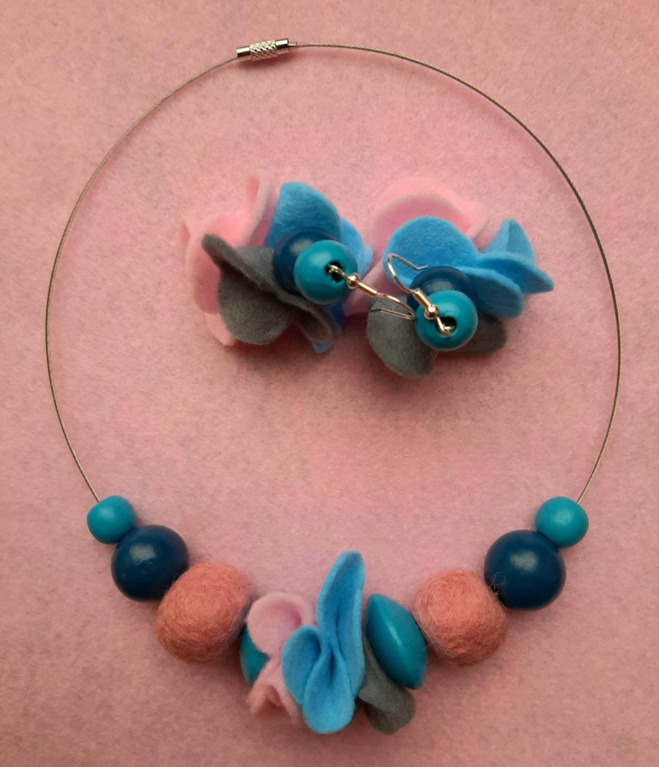 Cotton Candy - Bright and Fair Wool Felt Ball Necklace And Earrings Set Jewellery Gift