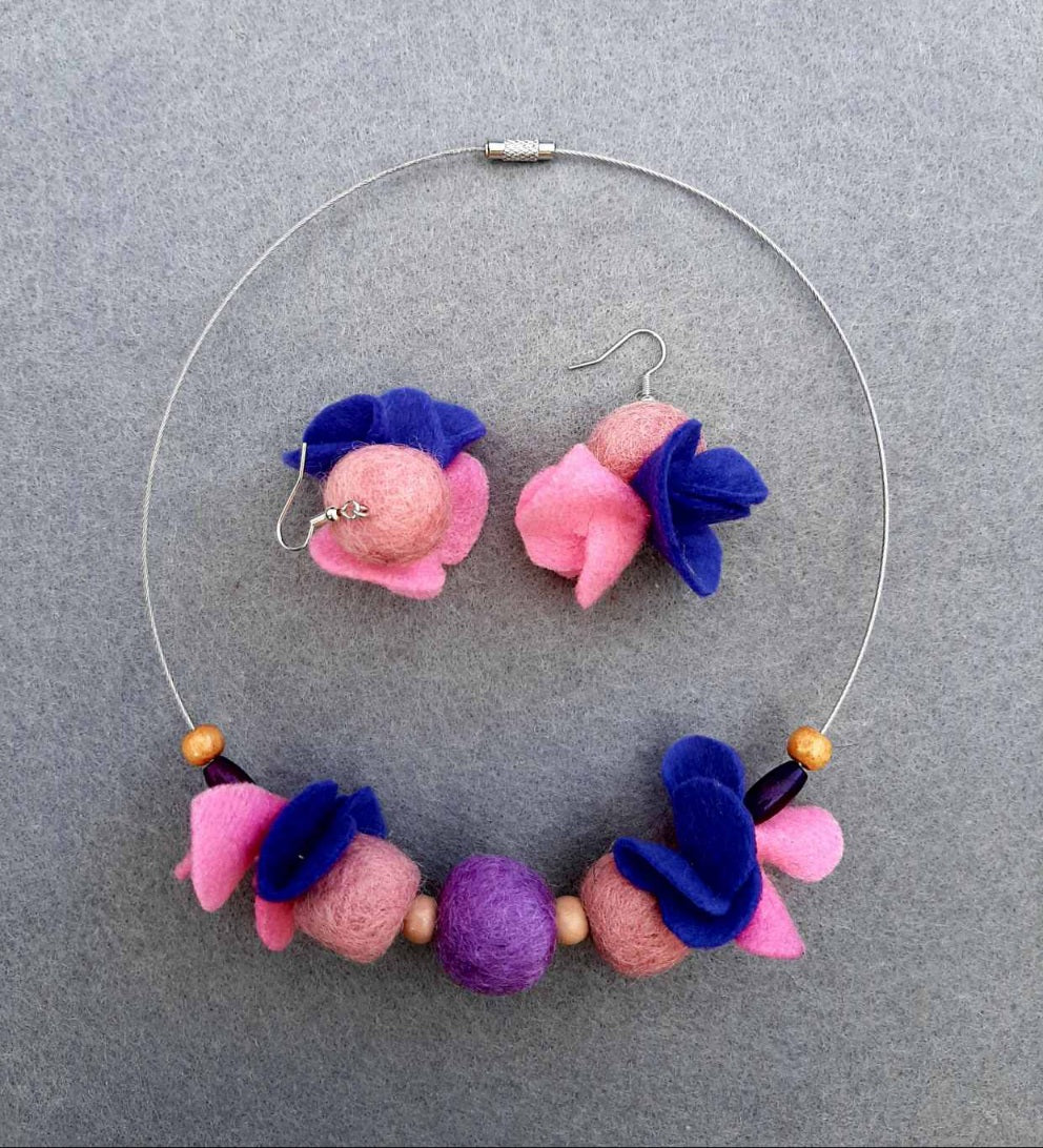 These Pink Pansies - Bright and Light Lovely Chunky Wool Felt Ball Necklace And Earrings Set Jewellery Gift