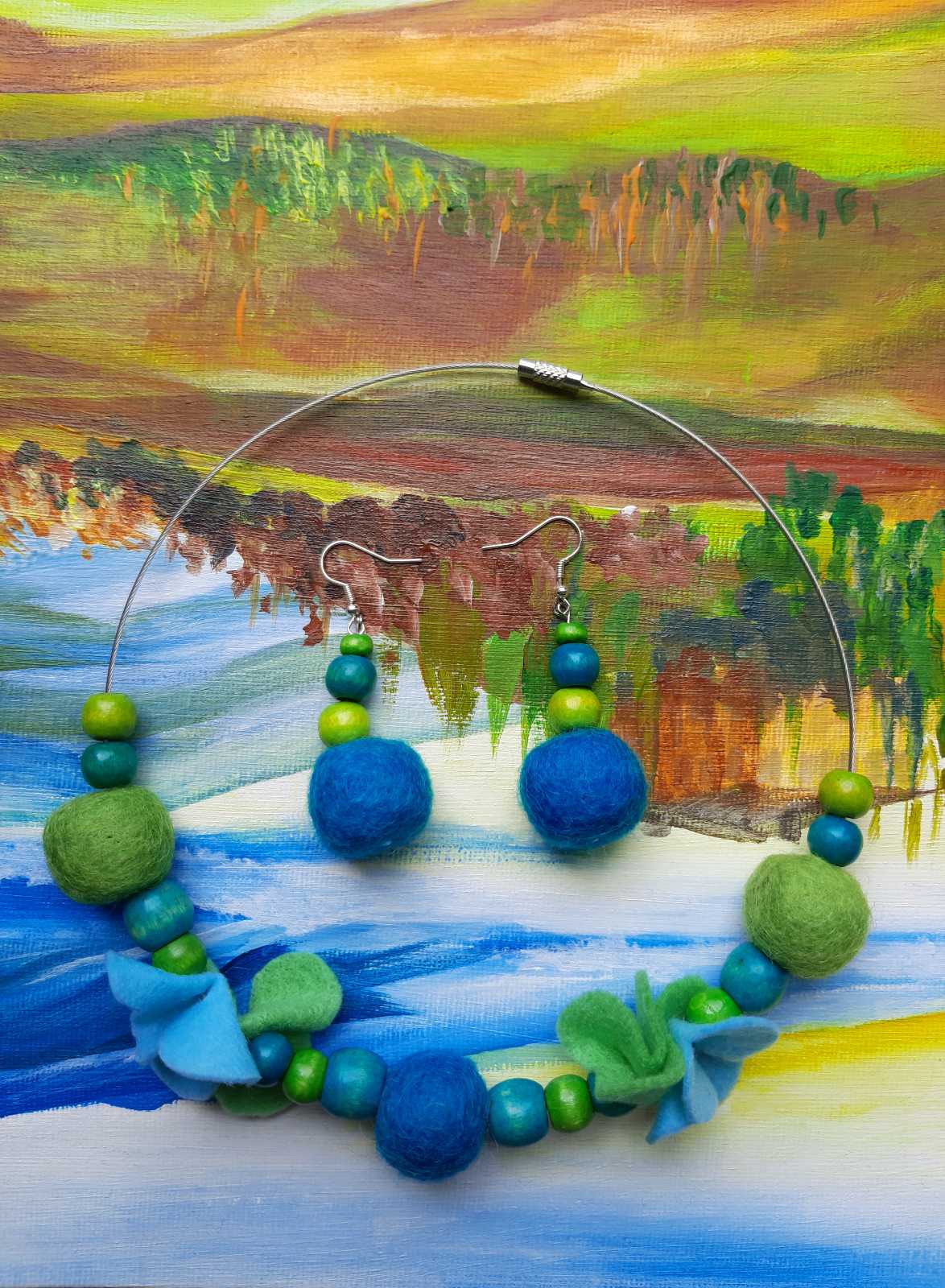 Irises in My Kitchen - Bright and Blue Wool Felt Ball Necklace And Earrings Set Jewellery Gift