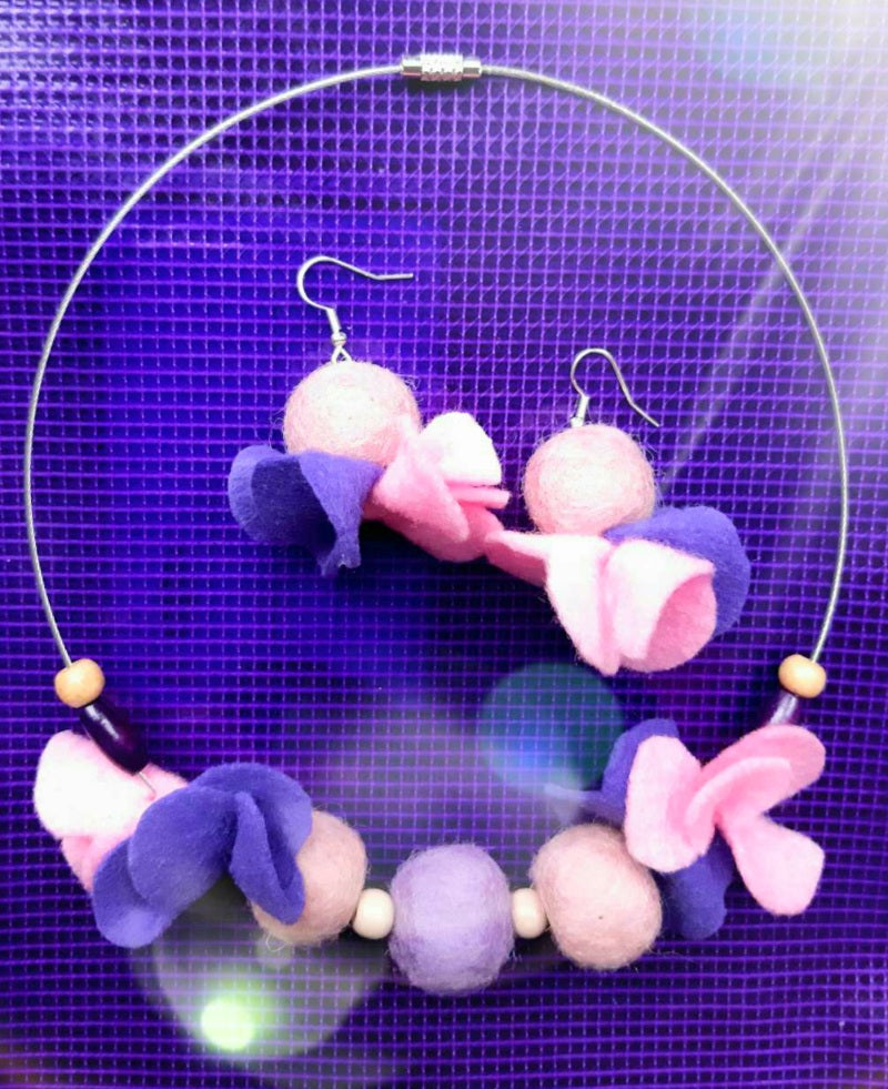 These Pink Pansies - Bright and Light Lovely Chunky Wool Felt Ball Necklace And Earrings Set Jewellery Gift