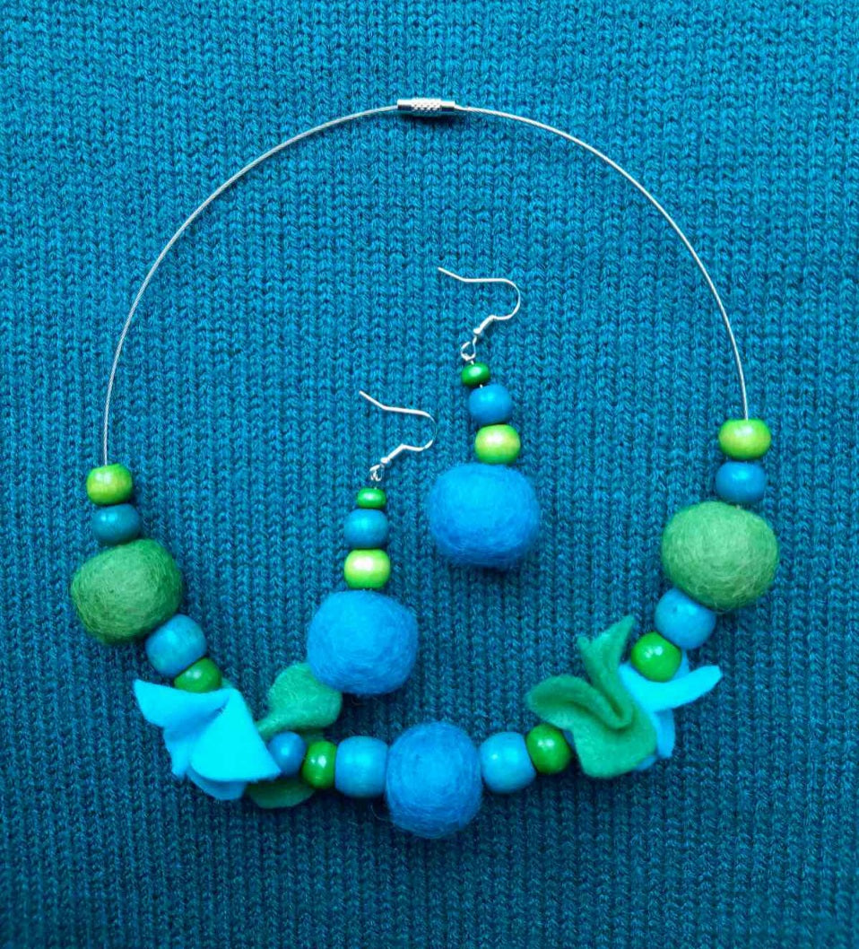 Irises in My Kitchen - Bright and Blue Wool Felt Ball Necklace And Earrings Set Jewellery Gift