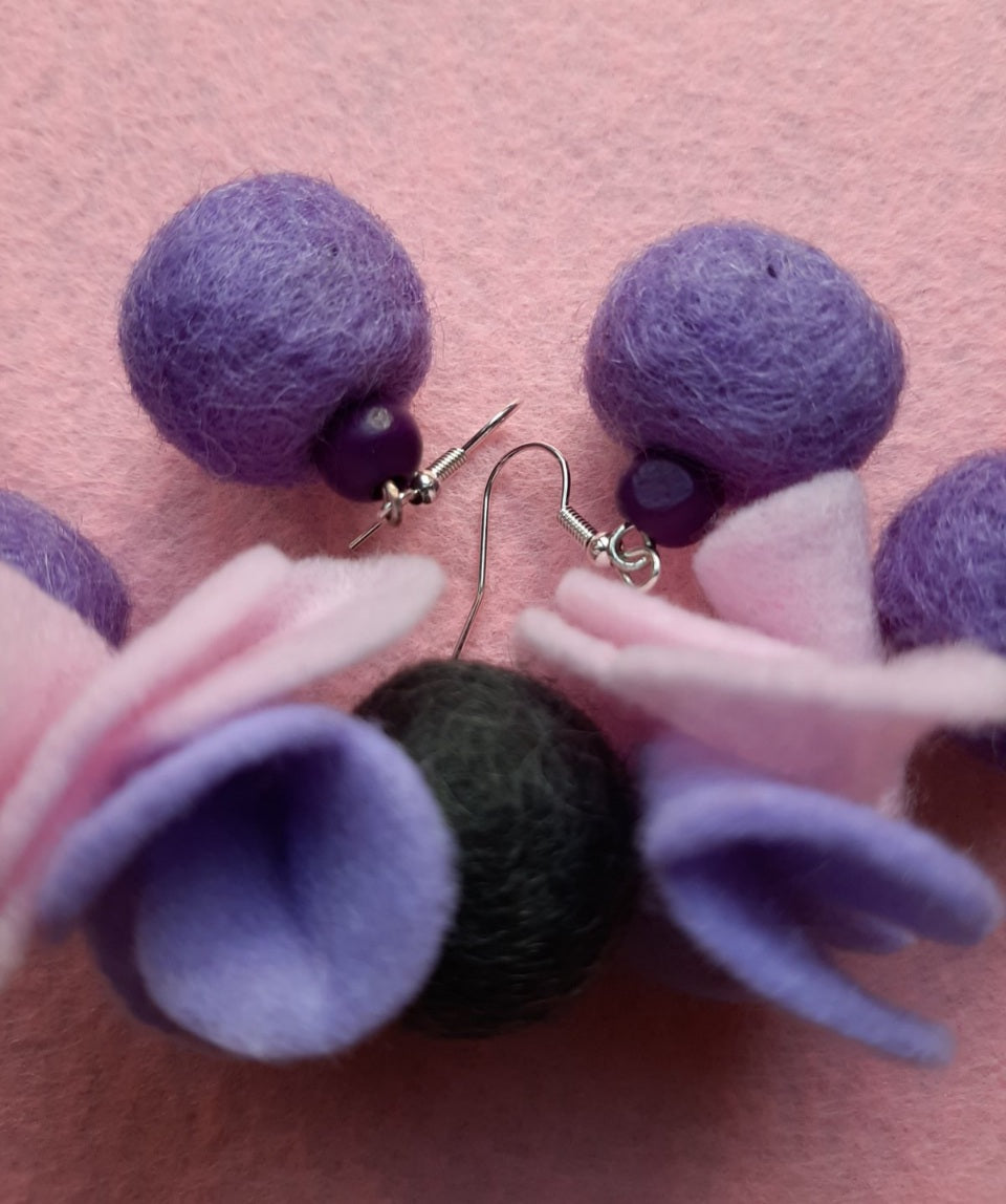 My Violets - Light And Soft Wool Felt Ball Necklace And Earrings Set Jewellery Gift