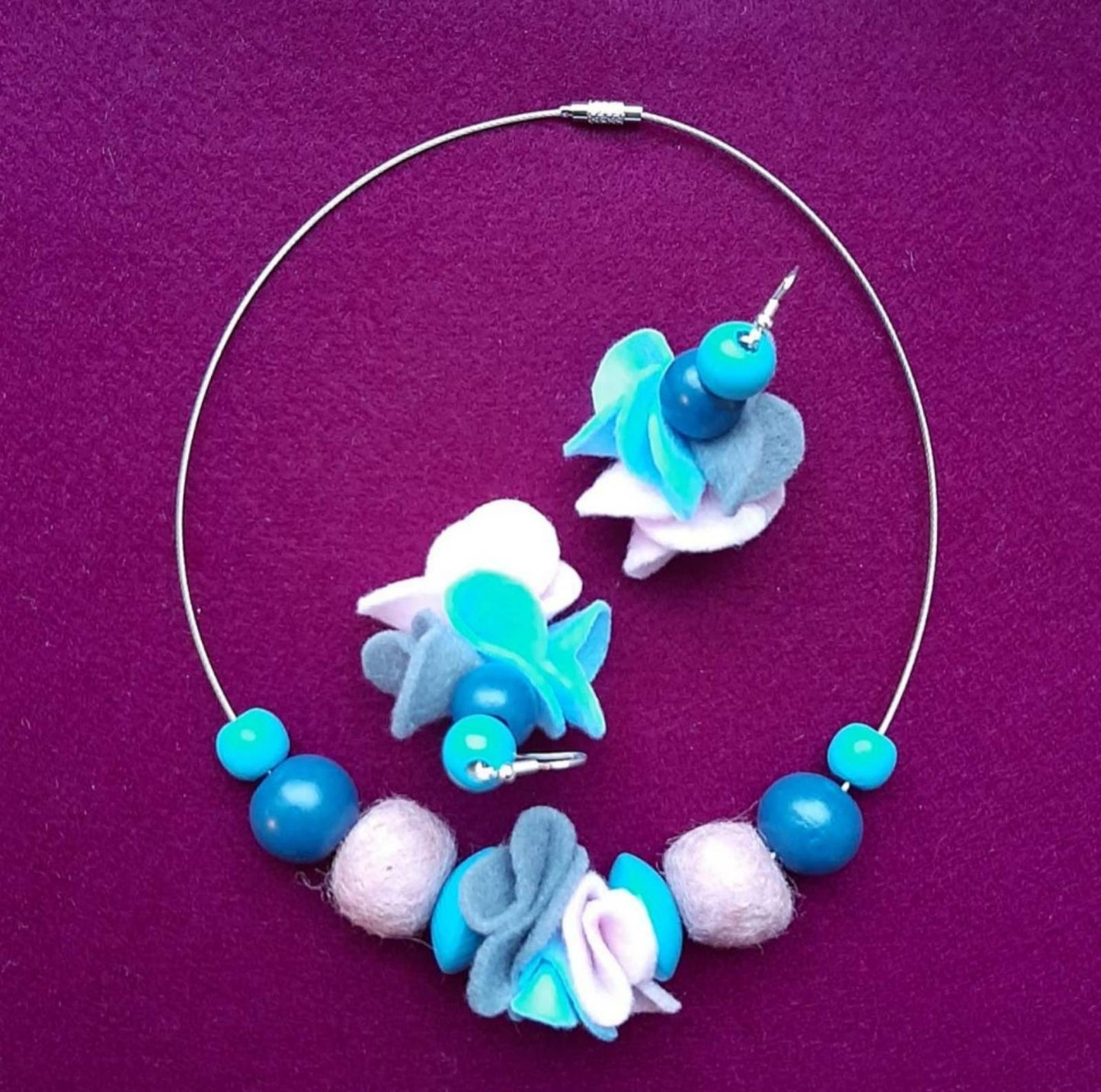 Cotton Candy - Bright and Fair Wool Felt Ball Necklace And Earrings Set Jewellery Gift