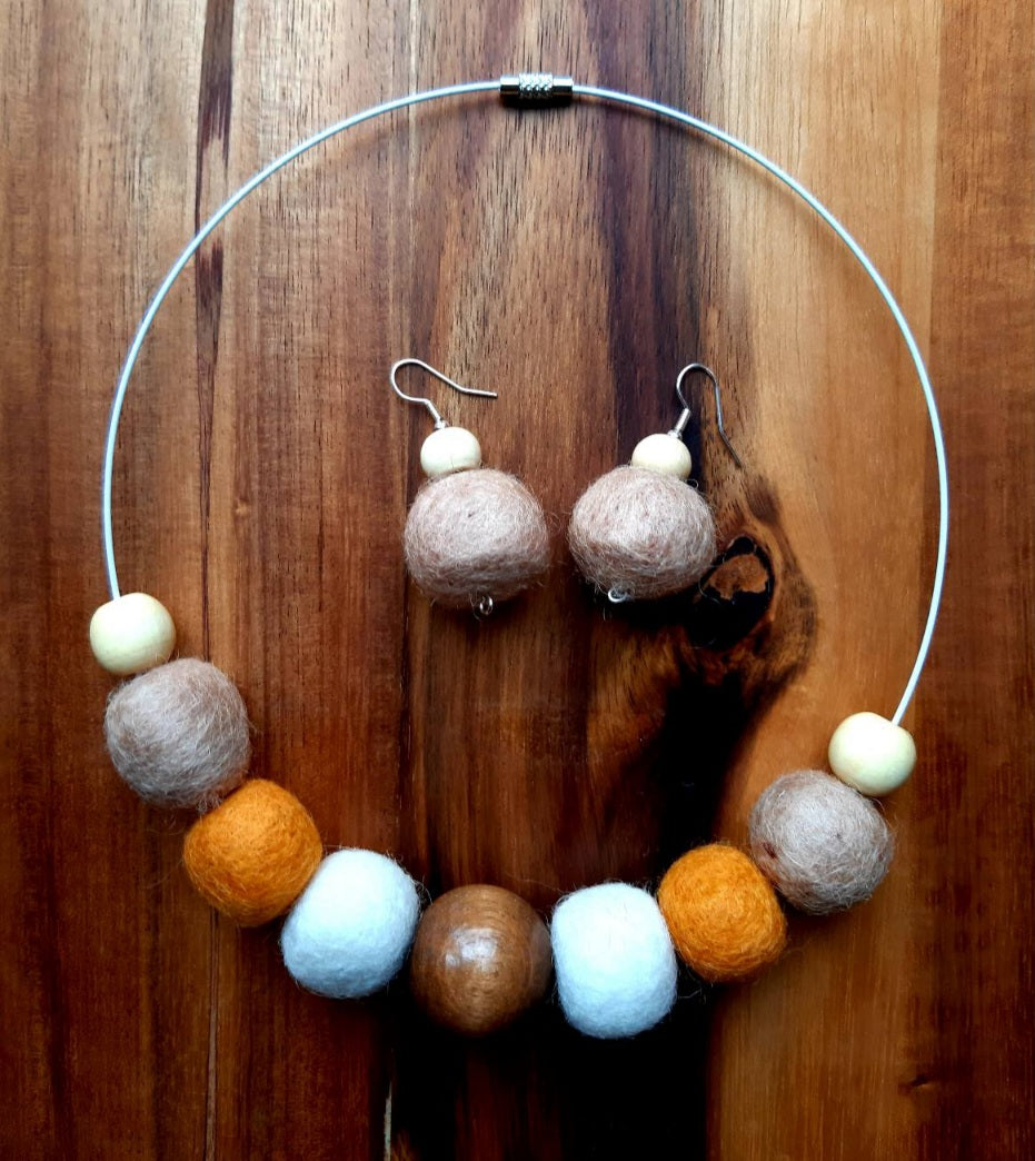 Urban Fall - Bright and Stylish Wool Felt Ball Necklace And Earrings Set Jewellery Gift