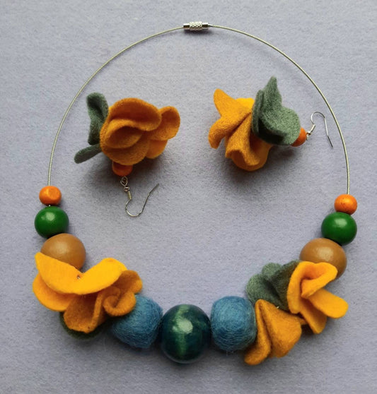 Saturday Afternoon - Bright and Jazzy Wool Felt Ball Necklace And Earrings Set Jewellery Gift