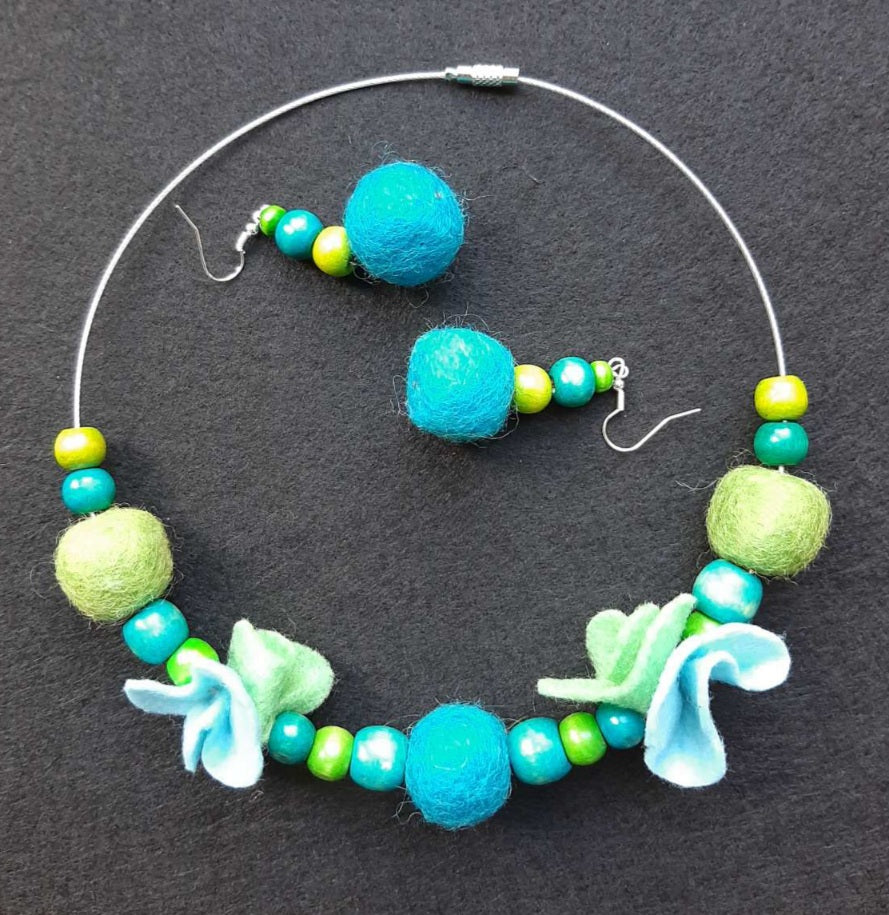 Irises in My Kitchen - Bright and Blue Wool Felt Ball Necklace And Earrings Set Jewellery Gift