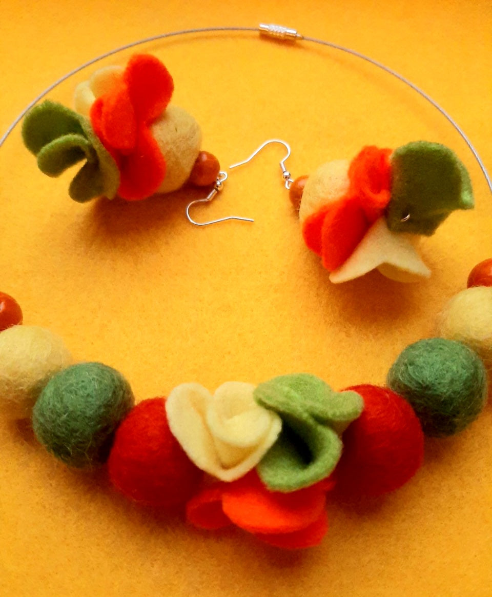 Vitamin Boost - Bright and Vivid Wool Felt Ball Necklace And Earrings Set Jewellery Gift