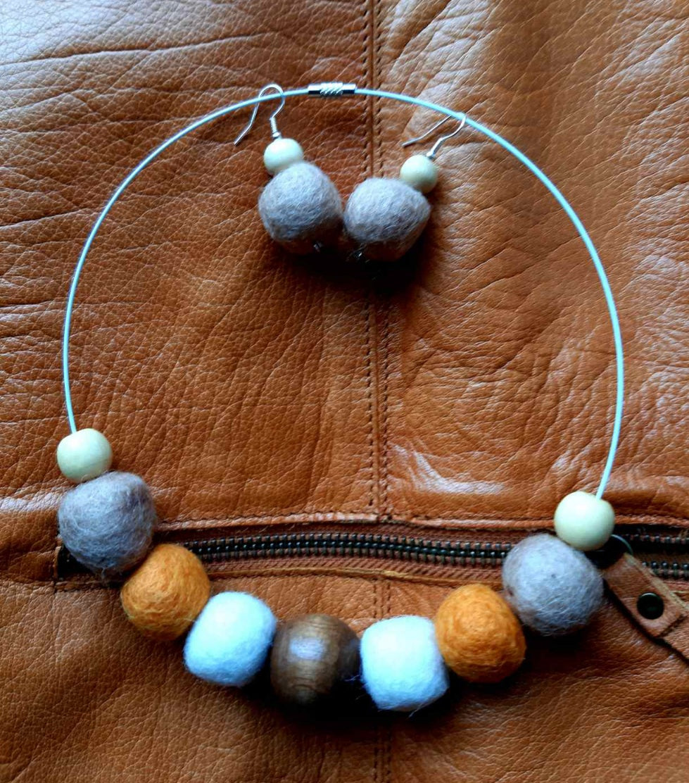 Urban Fall - Bright and Stylish Wool Felt Ball Necklace And Earrings Set Jewellery Gift