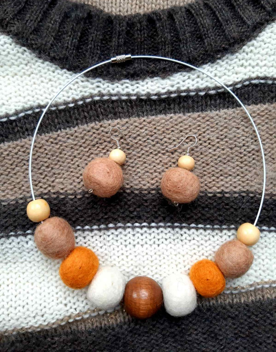 Urban Fall - Bright and Stylish Wool Felt Ball Necklace And Earrings Set Jewellery Gift