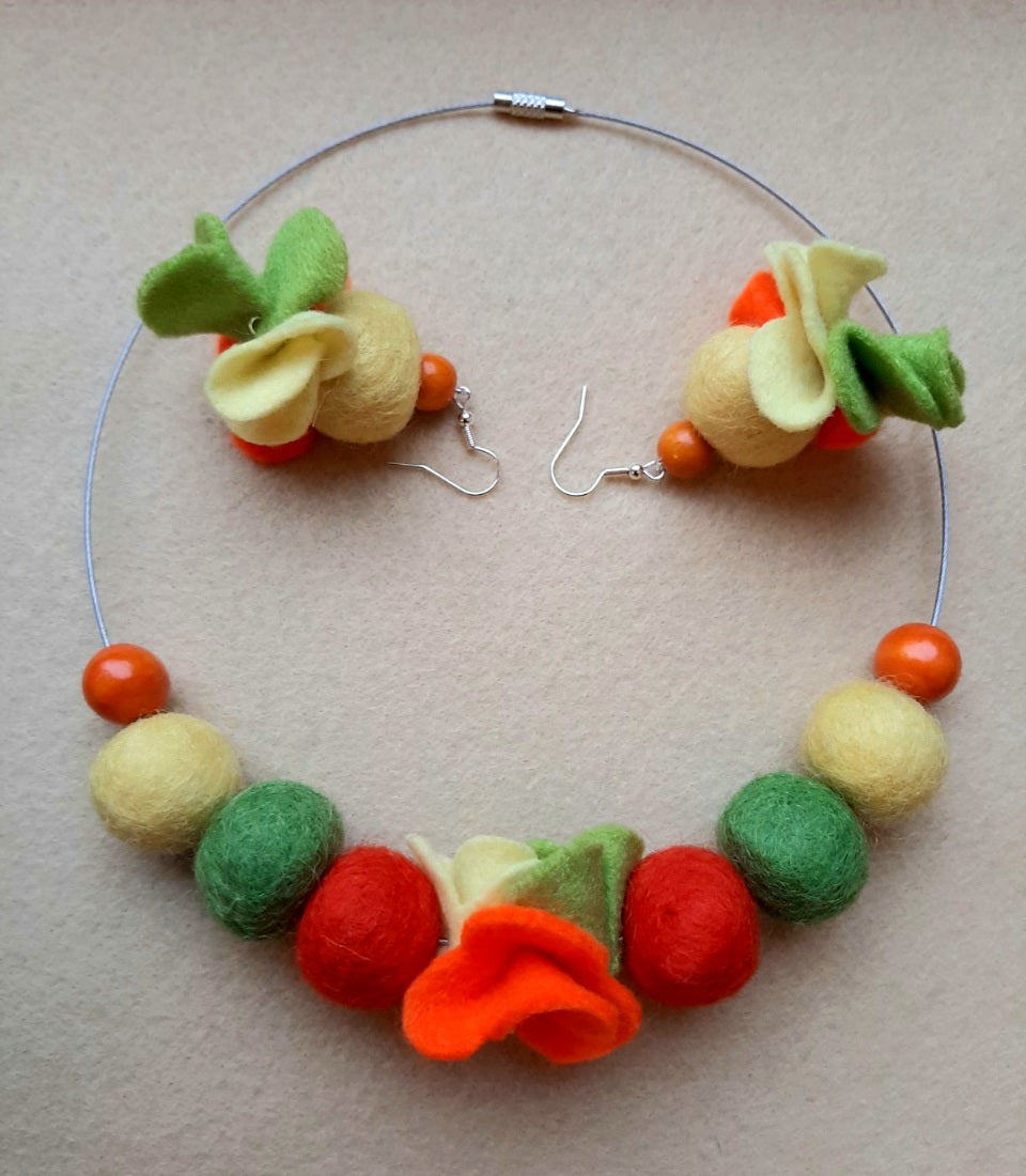 Vitamin Boost - Bright and Vivid Wool Felt Ball Necklace And Earrings Set Jewellery Gift