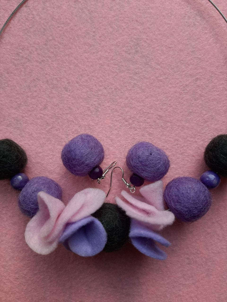 My Violets - Light And Soft Wool Felt Ball Necklace And Earrings Set Jewellery Gift
