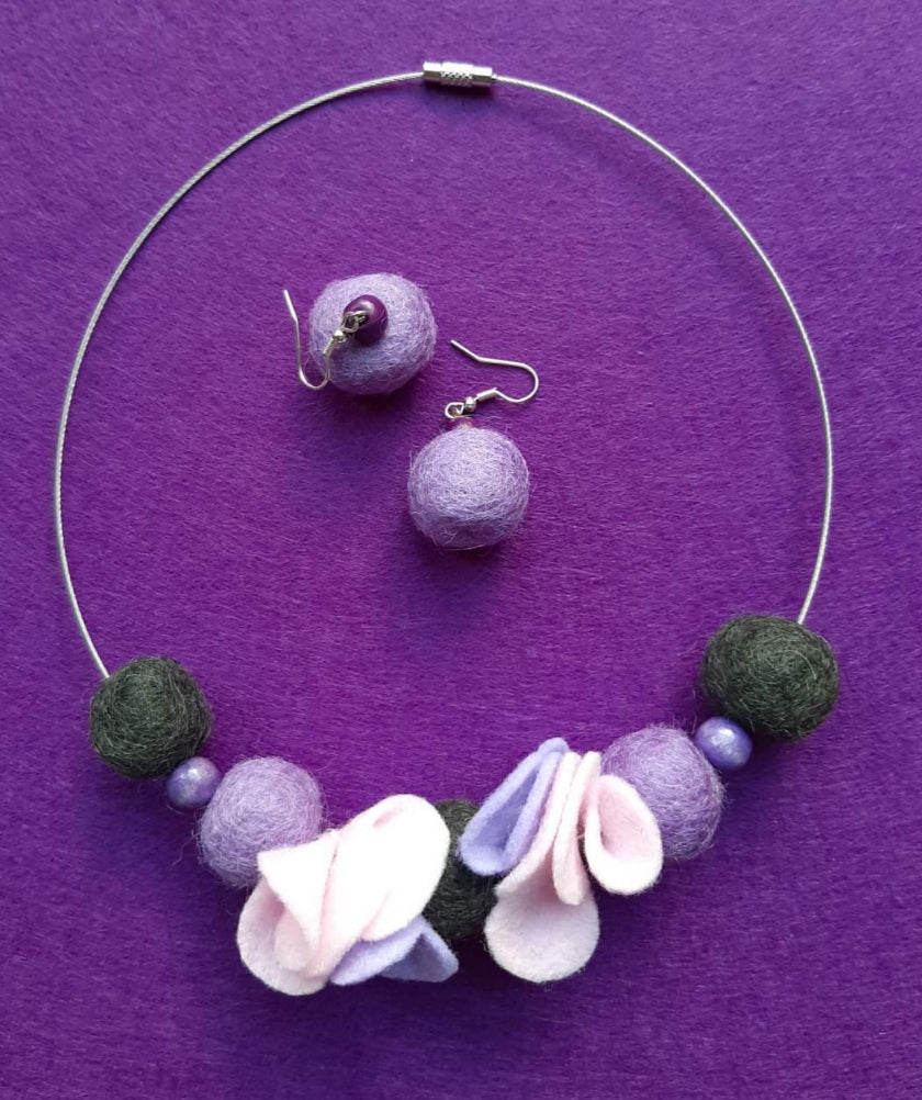 My Violets - Light And Soft Wool Felt Ball Necklace And Earrings Set Jewellery Gift