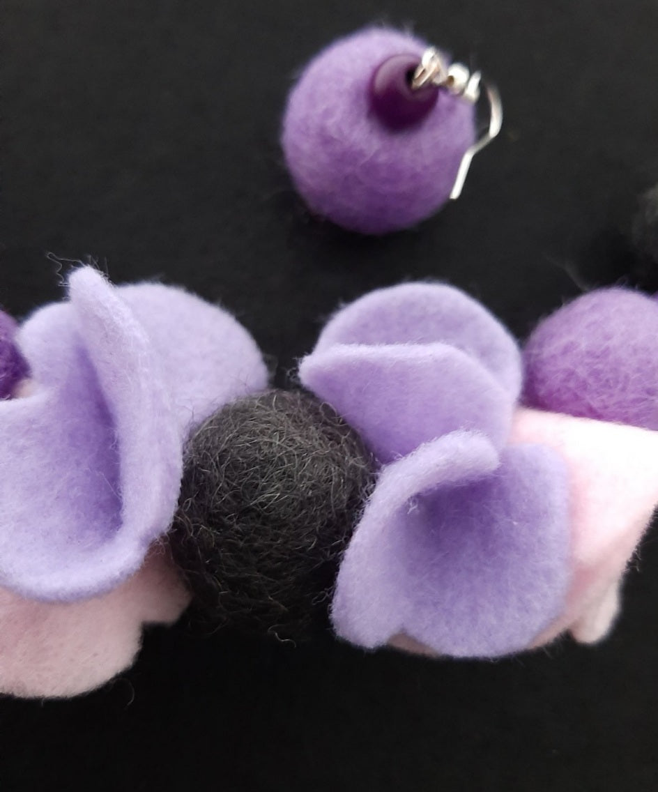 My Violets - Light And Soft Wool Felt Ball Necklace And Earrings Set Jewellery Gift