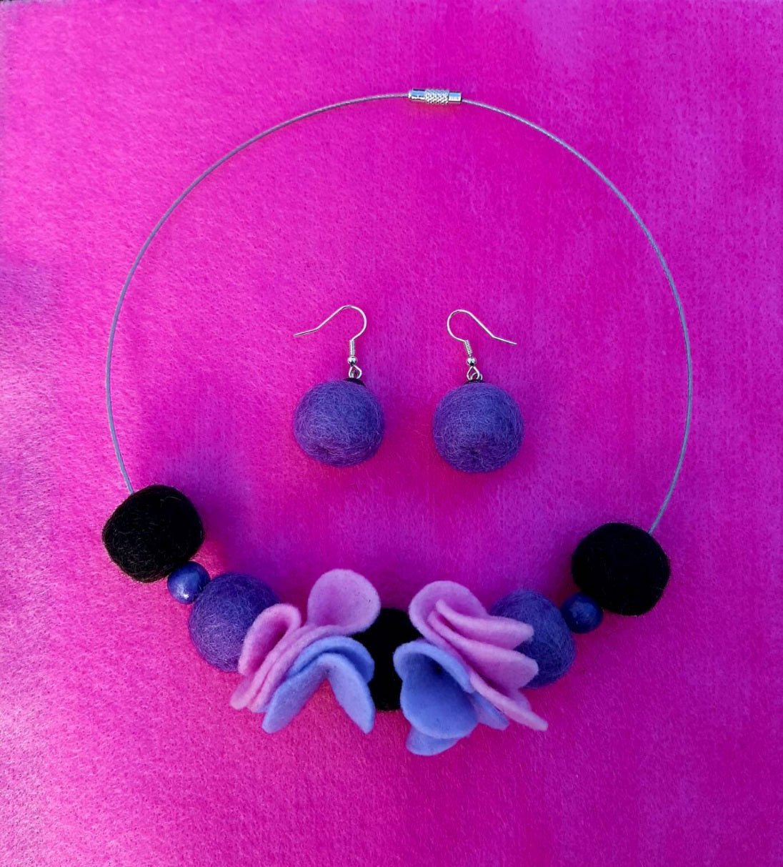 My Violets - Light And Soft Wool Felt Ball Necklace And Earrings Set Jewellery Gift