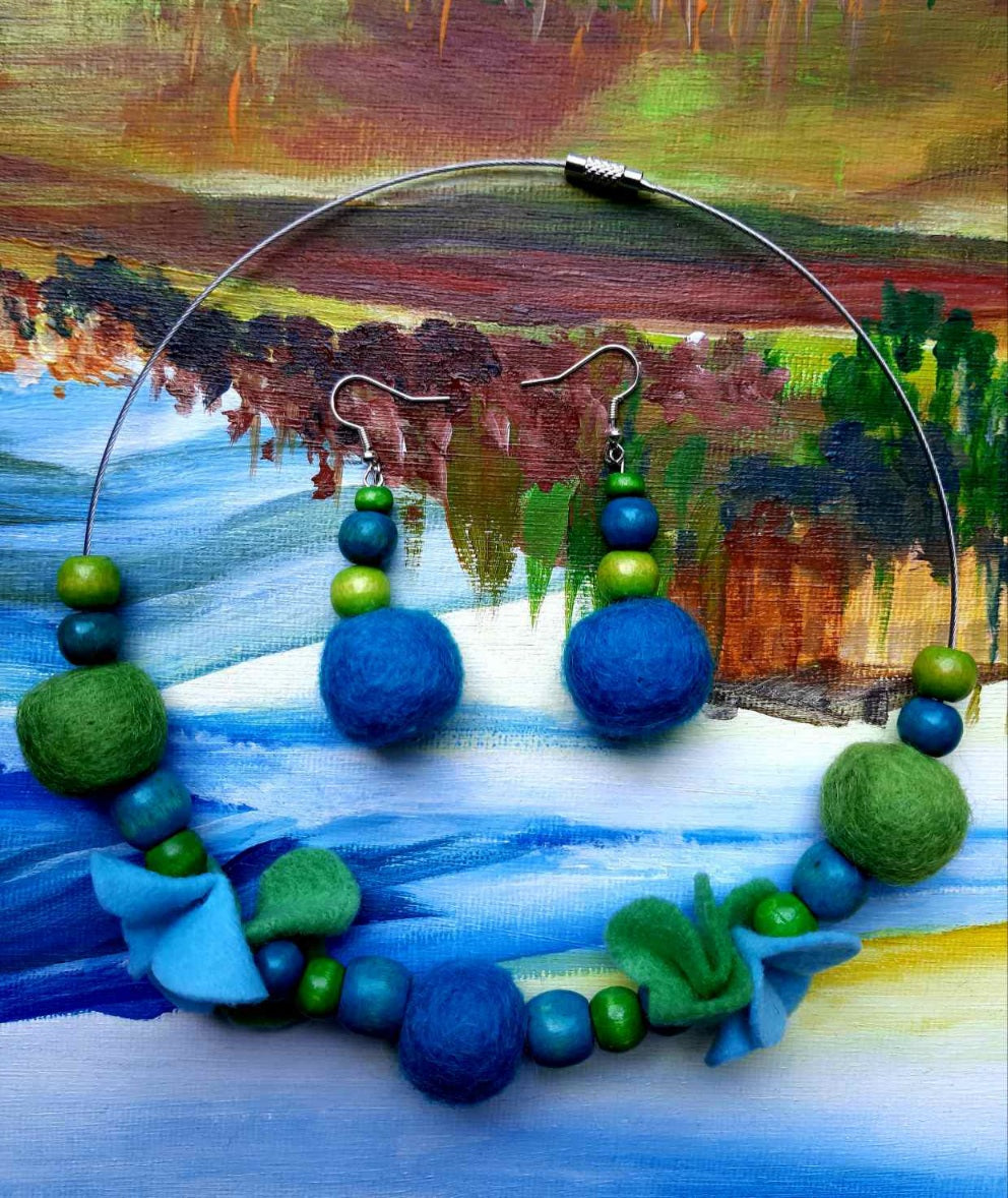 Irises in My Kitchen - Bright and Blue Wool Felt Ball Necklace And Earrings Set Jewellery Gift