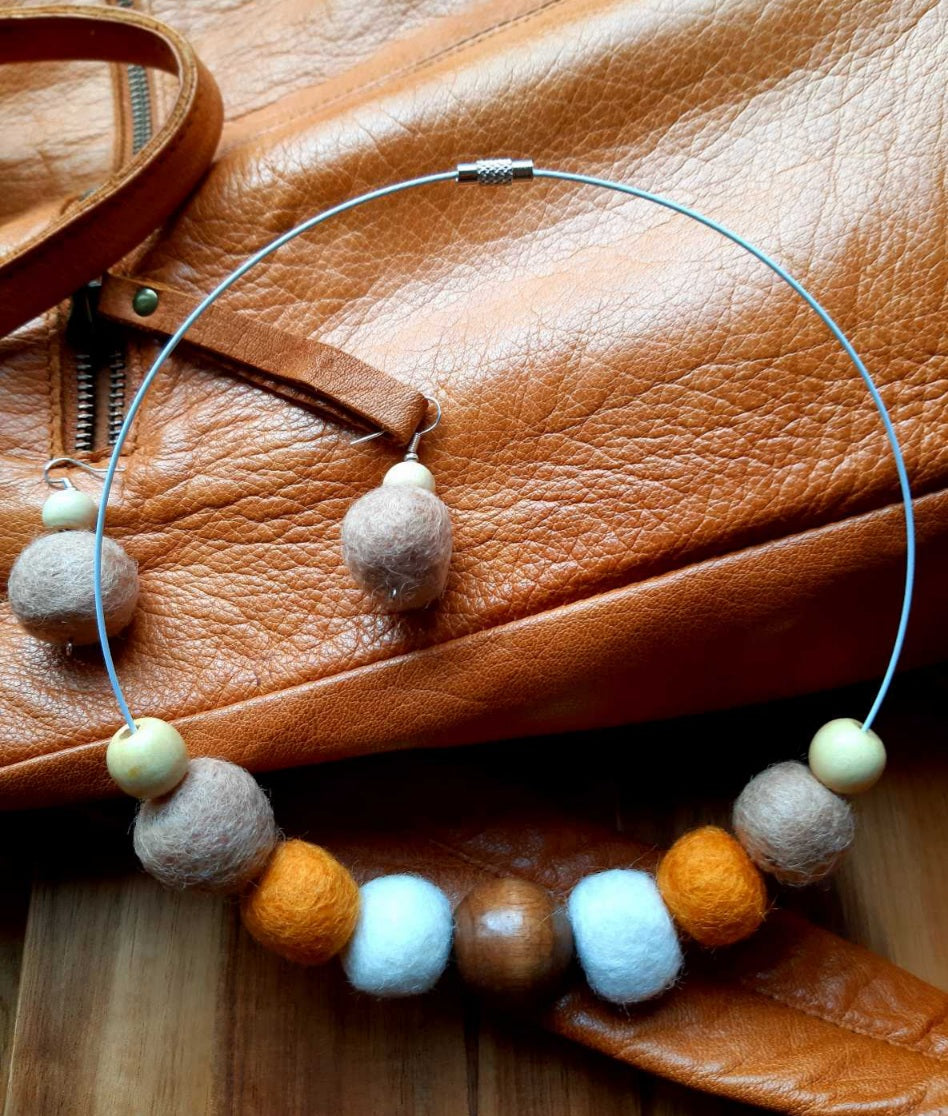 Urban Fall - Bright and Stylish Wool Felt Ball Necklace And Earrings Set Jewellery Gift