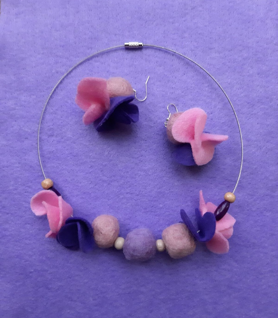 These Pink Pansies - Bright and Light Lovely Chunky Wool Felt Ball Necklace And Earrings Set Jewellery Gift