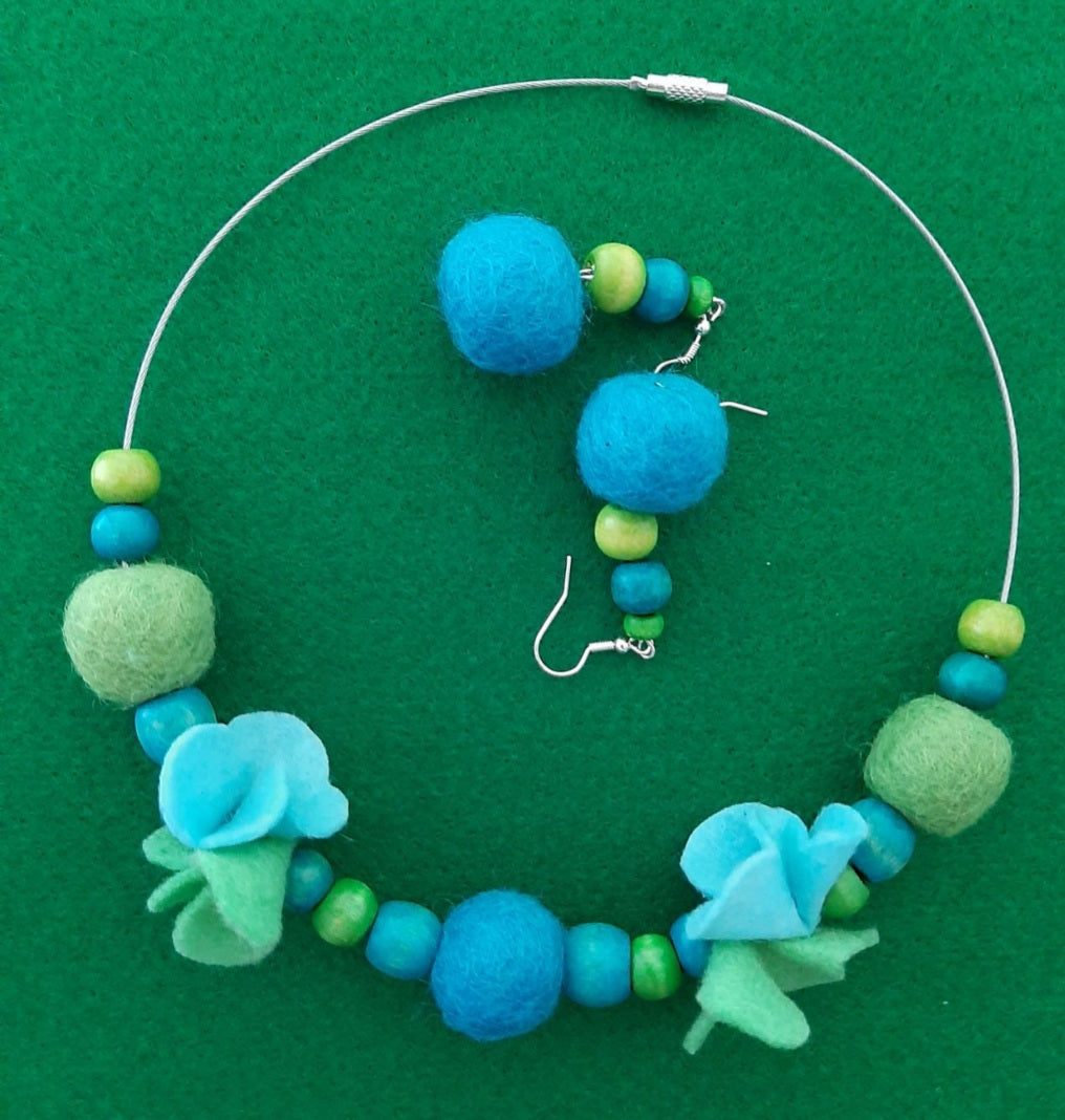 Irises in My Kitchen - Bright and Blue Wool Felt Ball Necklace And Earrings Set Jewellery Gift