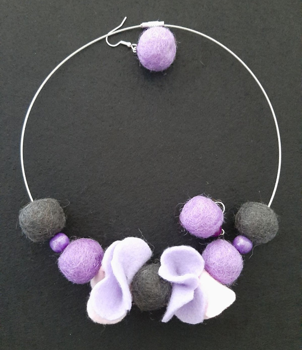 My Violets - Light And Soft Wool Felt Ball Necklace And Earrings Set Jewellery Gift