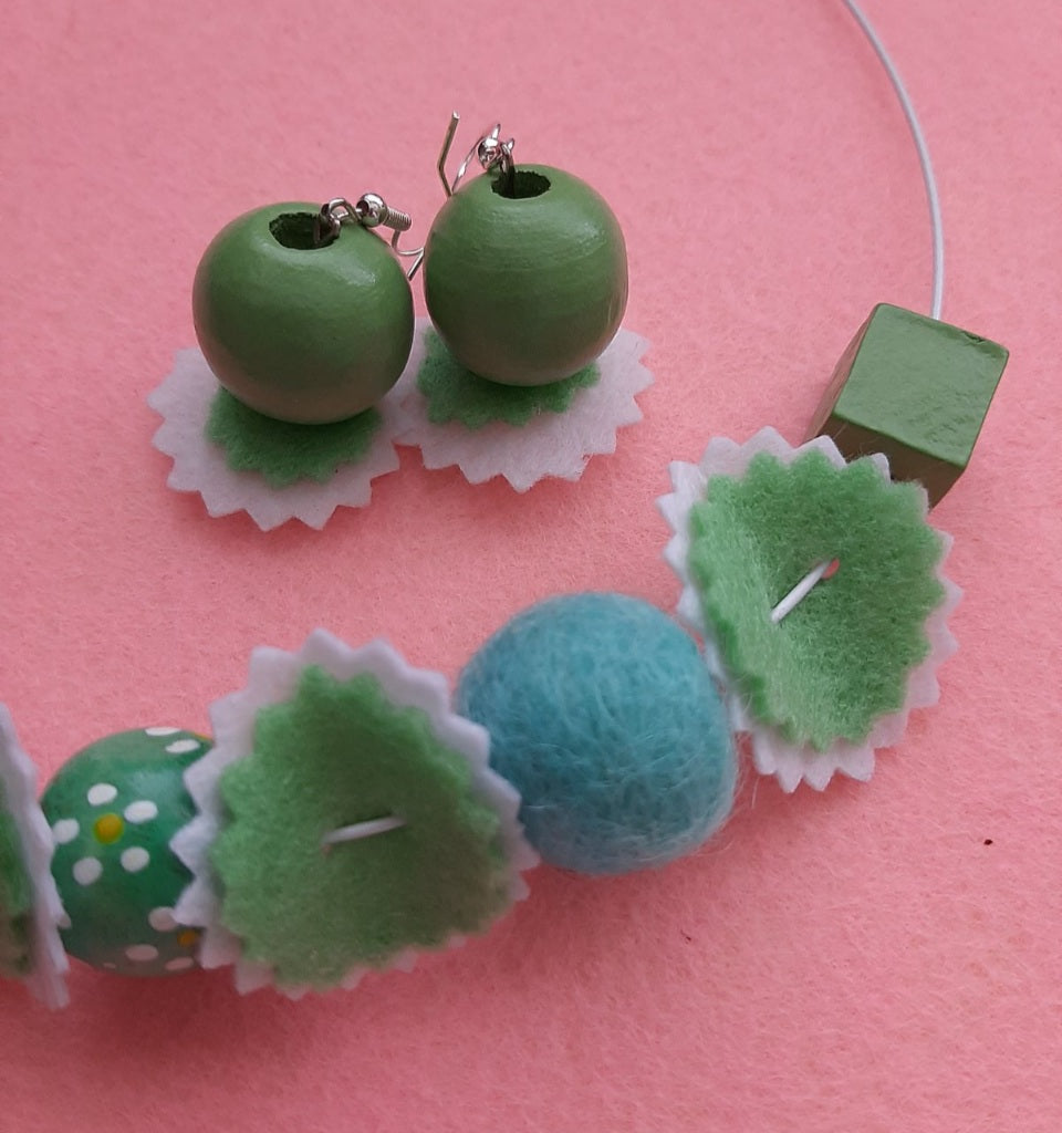 Nursery Rhymes - Bright and Fresh Chunky Wool Felt Ball Necklace And Earrings Set Jewellery Gift